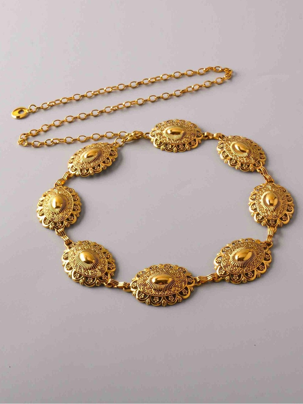 BT01. Gold Floral Medallion Link Waist Chain Belt